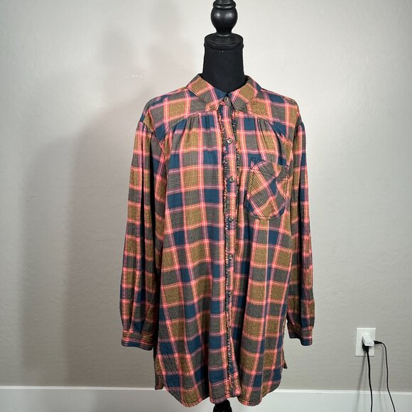 Free People We The Free Plaid Tunic Womens XS Shirt Dress Oversized Button Up - Picture 2 of 9
